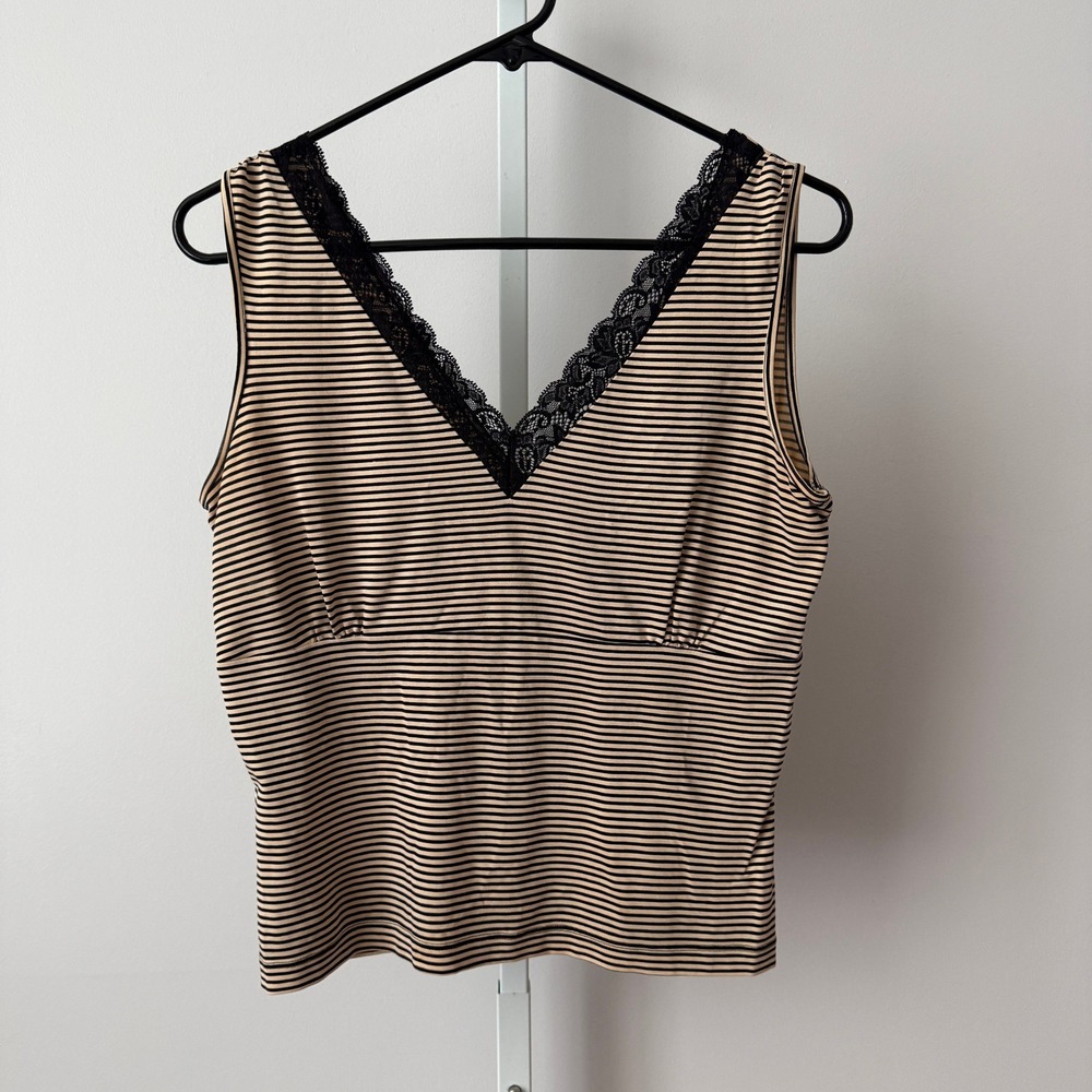 City DKNY S Tan Striped Silk Lace V-Neck Tank Top Whimsigoth Witchy Bella Swan